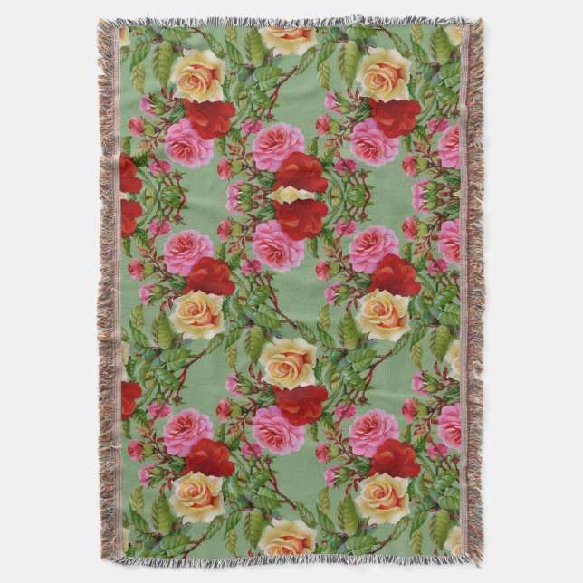 Bold Pattern Red Yellow Pink Roses and Foliage Throw Blanket (Front Vertical)