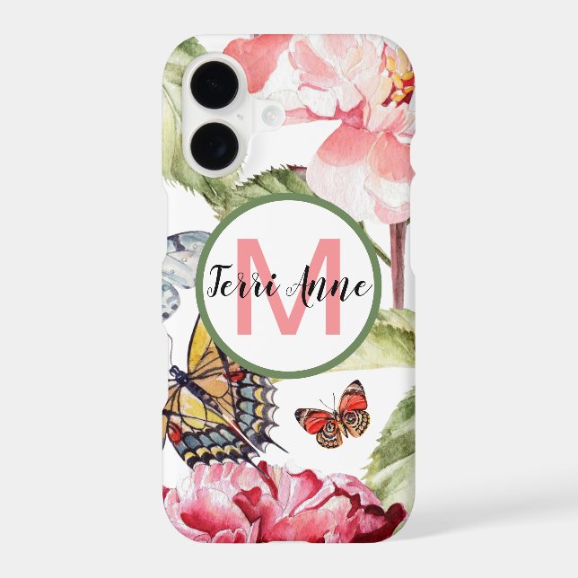 Bold Peony Flowers and Butterflies with Monogram (Back)