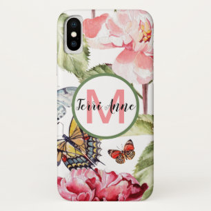 Bold Peony Flowers and Butterflies with Monogram Case-Mate iPhone Case