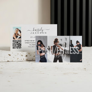 Bold Personal Fitness Trainer Photo Collage Script Business Card