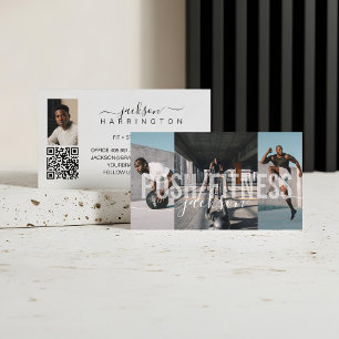 Bold Personal Fitness Trainer Photo Collage Script Business Card