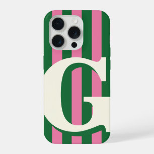 Bold Personalised Initial, Green and Pink Stripe iPhone 15 Pro Case