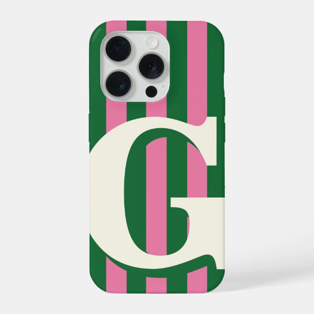 Bold Personalised Initial, Green and Pink Stripe iPhone Case (Back)