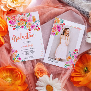 Bold photo Boho orange floral graduation Announcement