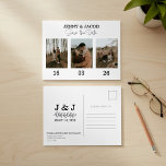 Bold Photo Collage dates Save the Date Postcard<br><div class="desc">Announce your special day with this modern minimalist save the date design featuring an elegant photo collage layout. Showcasing personal couple engagement photos in a three photo wedding collage framed in white, this stylish wedding announcement card blends a rustic botanical wedding theme with botanical accent save the date details. The...</div>