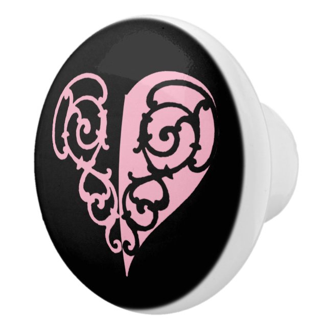 Bold Pink and Black Filigree Heart  Ceramic Knob (Right)