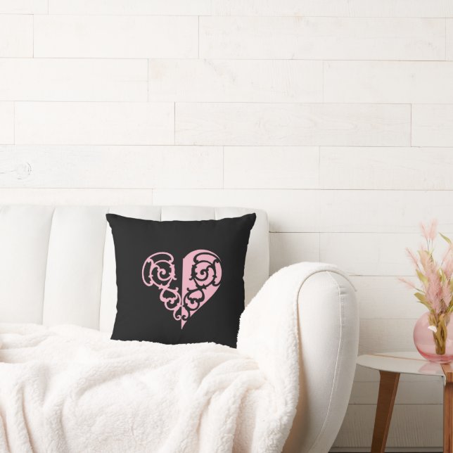 Bold Pink and Black Filigree Heart Cushion (Couch)