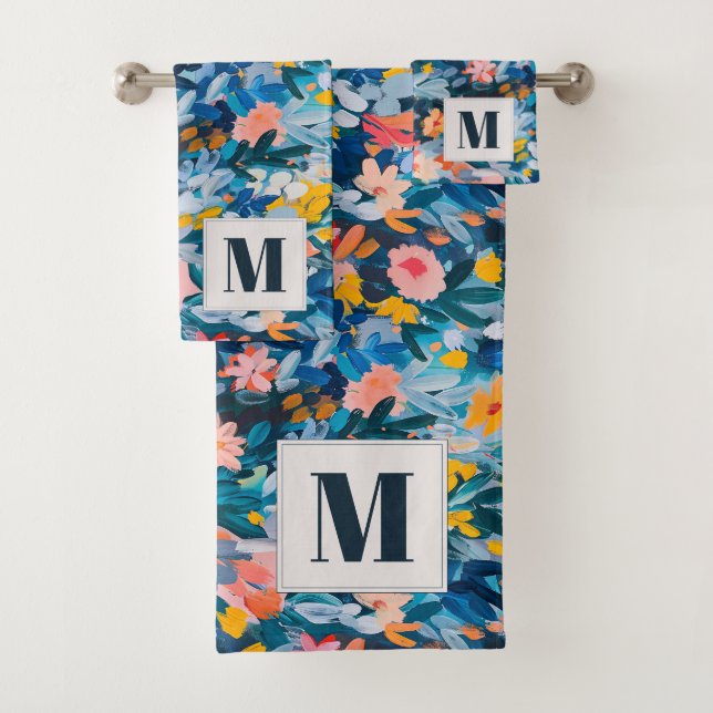 Bold Pink and Blue Abstract Floral Monogrammed Bath Towel Set (Insitu)