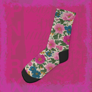Bold Pink and Blue Floral on Cream Crew Socks