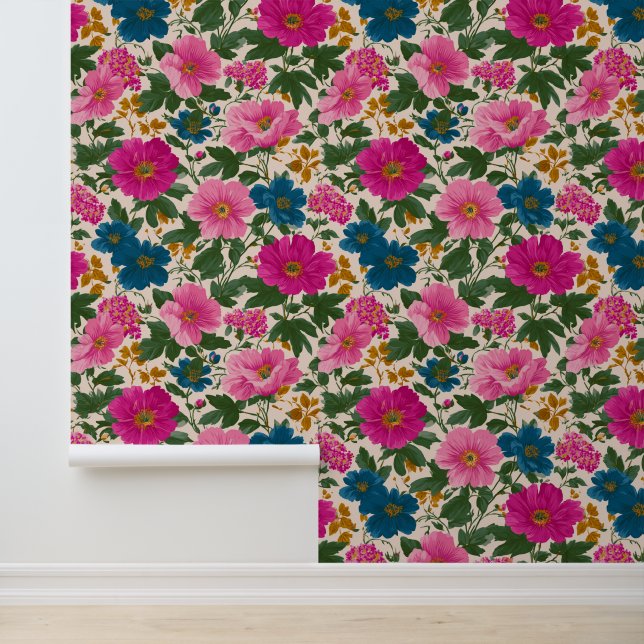 Bold Pink and Blue Floral on Cream Maximalist Wallpaper (Application)