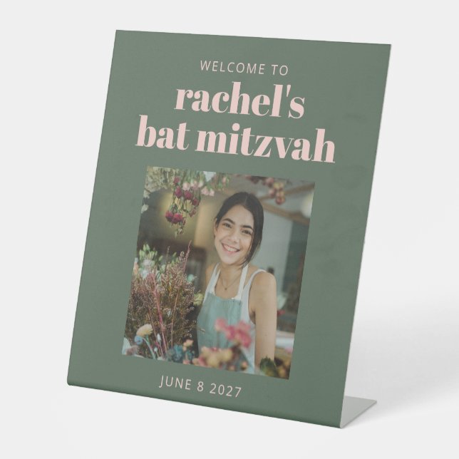 Bold Pink and Green Bat Mitzvah Photo Welcome Pedestal Sign (Front)