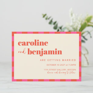 Bold Pink and Orange Chequerboard Pattern Wedding Invitation