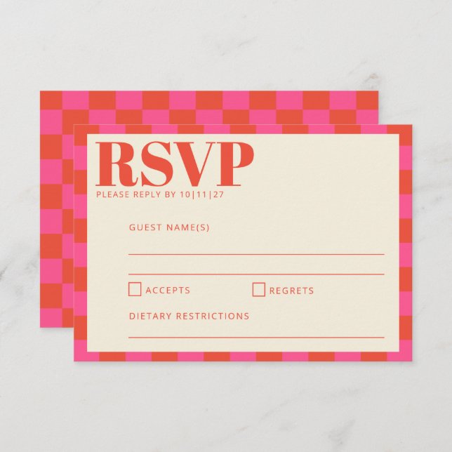 Bold Pink and Orange Chequerboard Pattern Wedding  RSVP Card (Front/Back)