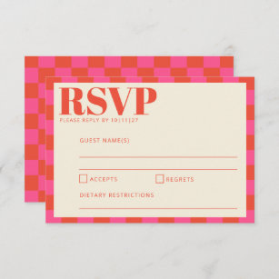 Bold Pink and Orange Chequerboard Pattern Wedding  RSVP Card