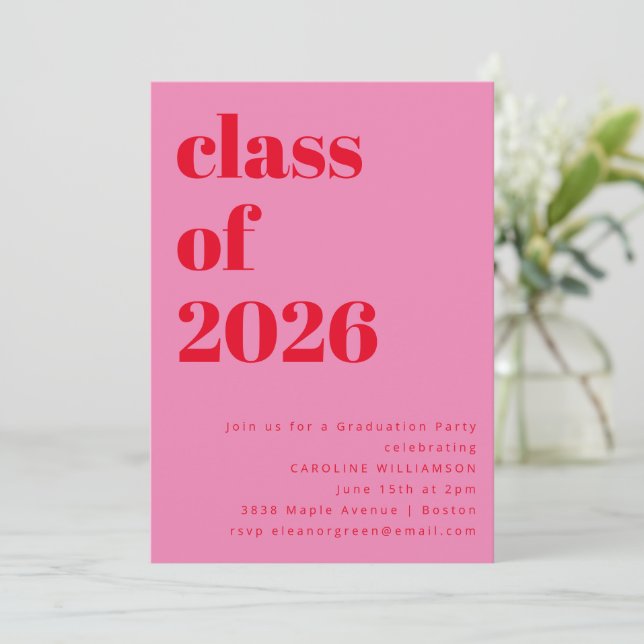 Bold Pink and Red Class of 2026 Graduation Party Invitation (Standing Front)