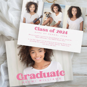 Bold pink any color font 4 photo graduation announcement