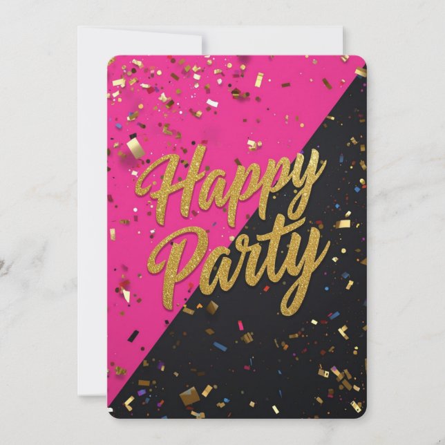 Bold pink/black background, gold confetti, fun scr invitation (Front)