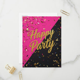 Bold pink/black background, gold confetti, fun scr invitation postcard