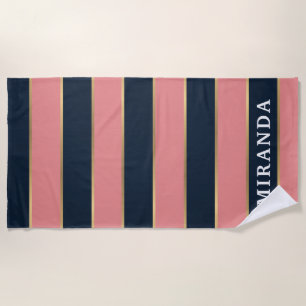 Bold Pink Blue Gold Stripe Pattern Beach Towel