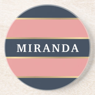 Bold Pink Blue Gold Stripe Pattern Coaster