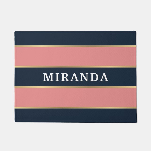 Bold Pink Blue Gold Stripe Pattern Doormat (Front)