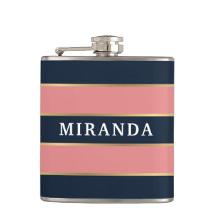 Bold Pink Blue Gold Stripe Pattern Hip Flask