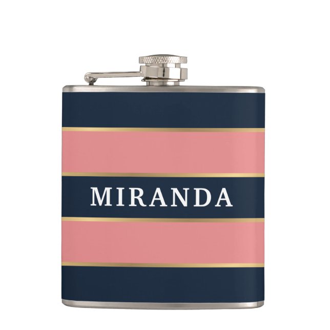 Bold Pink Blue Gold Stripe Pattern Hip Flask (Front)
