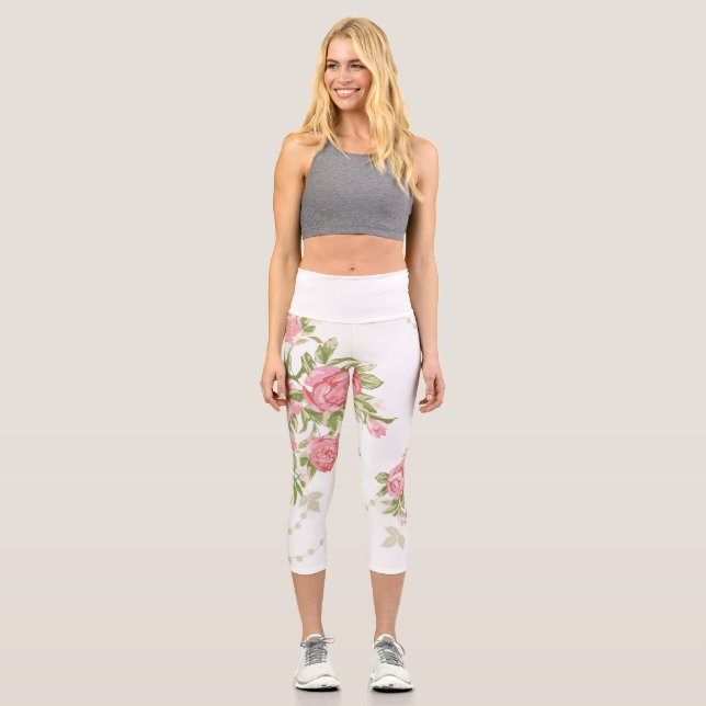 Bold Pink Cabbage Roses on White Background Capri Leggings (Front)