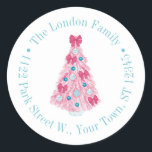 Bold Pink Christmas Tree With Teal Return Address Classic Round Sticker<br><div class="desc">This flexible sticker design features a vibrant pink Christmas tree decorated with turquoise and fuchsia ornaments and has a circular text border. Shown here for a return address label but all of the text fields are flexible to your needs eg could be a thank you favour sticker.</div>