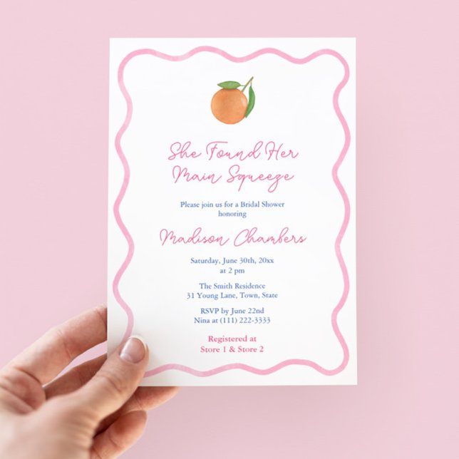 Bold Pink Citrus Main Squeeze Bridal Shower Invitation (Trendy wavy pink border bridal shower invitation with citrus orange and pink and white stripe backer)