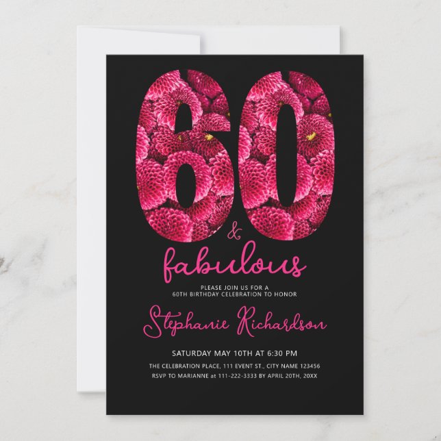 Bold Pink Floral 60 and Fabulous Birthday Party Invitation (Front)