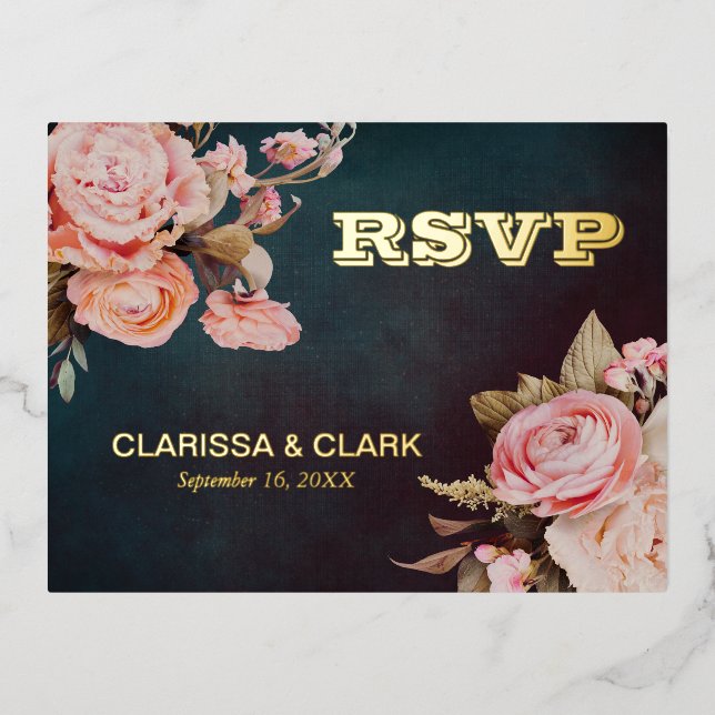 Bold Pink Floral RSVP Foil Wedding Postcard (Front)