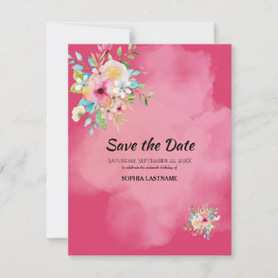 Bold Pink Floral Sweet 16 Flat Save The Date Card