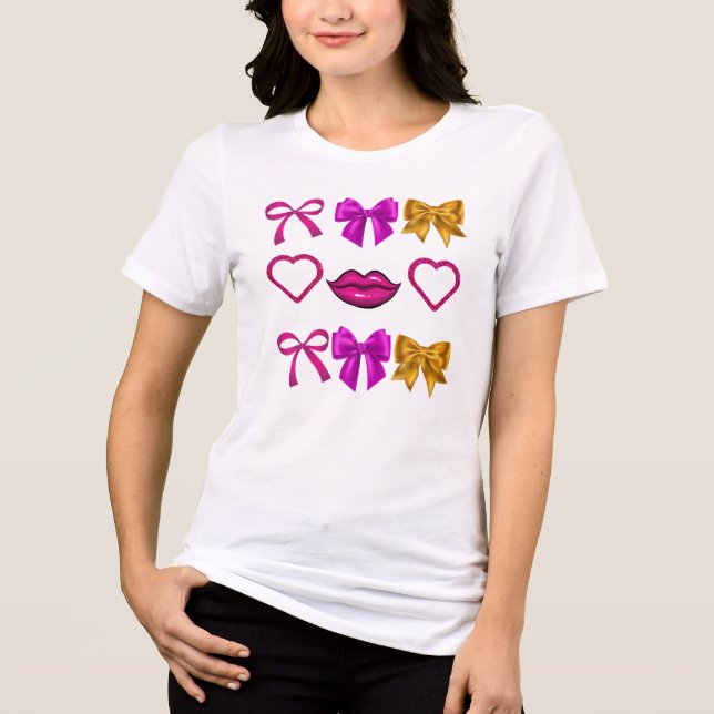 Bold Pink Glam Bows & Glitter Lips Aesthetic Tri-Blend Shirt (Front)
