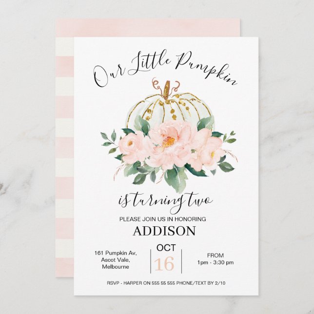 Bold Pink Gold Floral Pumpkin Birthday Invitation (Front/Back)