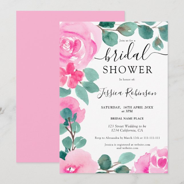 Bold pink green floral watercolor bridal shower invitation (Front/Back)