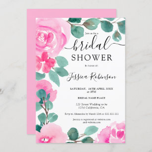 Bold pink green floral watercolor bridal shower invitation