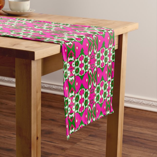 Bold Pink & Green Geometric Retro Pattern Short Table Runner (In Situ)