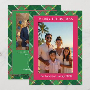 Bold Pink & Green Plaid Merry Christmas Photo Holiday Card