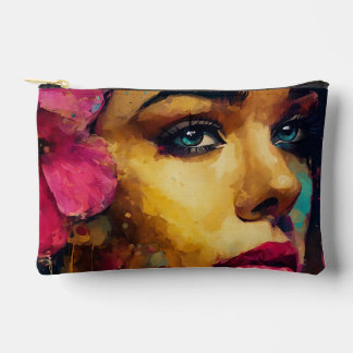 Bold Pink Hibiscus and Woman Abstract Portrait Accessory Pouch