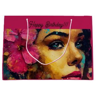 Bold Pink Hibiscus and Woman Abstract Portrait Large Gift Bag