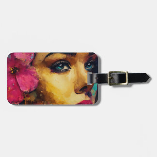 Bold Pink Hibiscus and Woman Abstract Portrait Luggage Tag