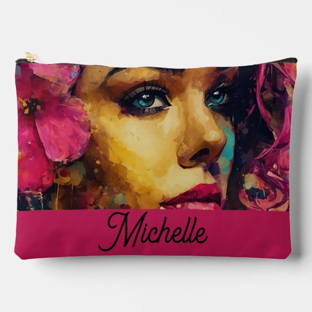 Bold Pink Hibiscus and Woman Accessory Pouch (Front)
