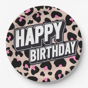 Bold Pink Leopard Happy Birthday Paper Plate