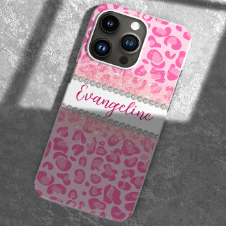 Bold Pink Leopard Print, Diamonds & Glitter iPhone 13 Case