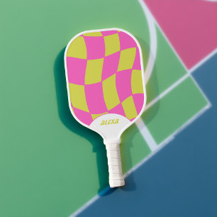 Bold Pink Lime Green Groovy Pickleball Paddle