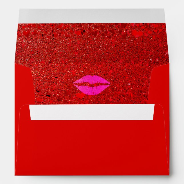 Bold pink lips red glam glitter hearts custom name envelope (Back (Bottom))