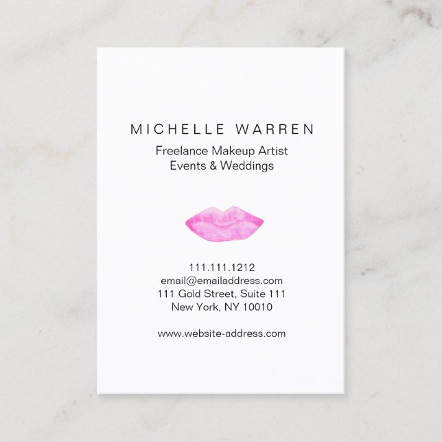 Bold Pink Lips Watercolor Makeup Artist Business Card (Front)
