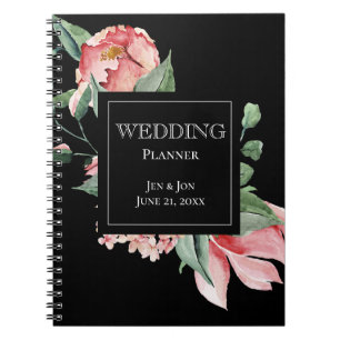 Bold Pink Magnolia on Black Wedding Planner Notebook