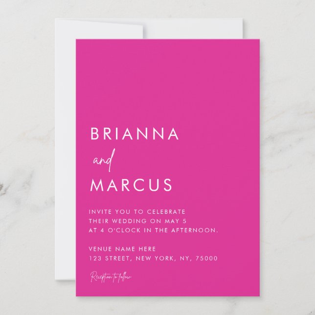 Bold Pink Minimalist Script All in One Wedding Invitation (Front)